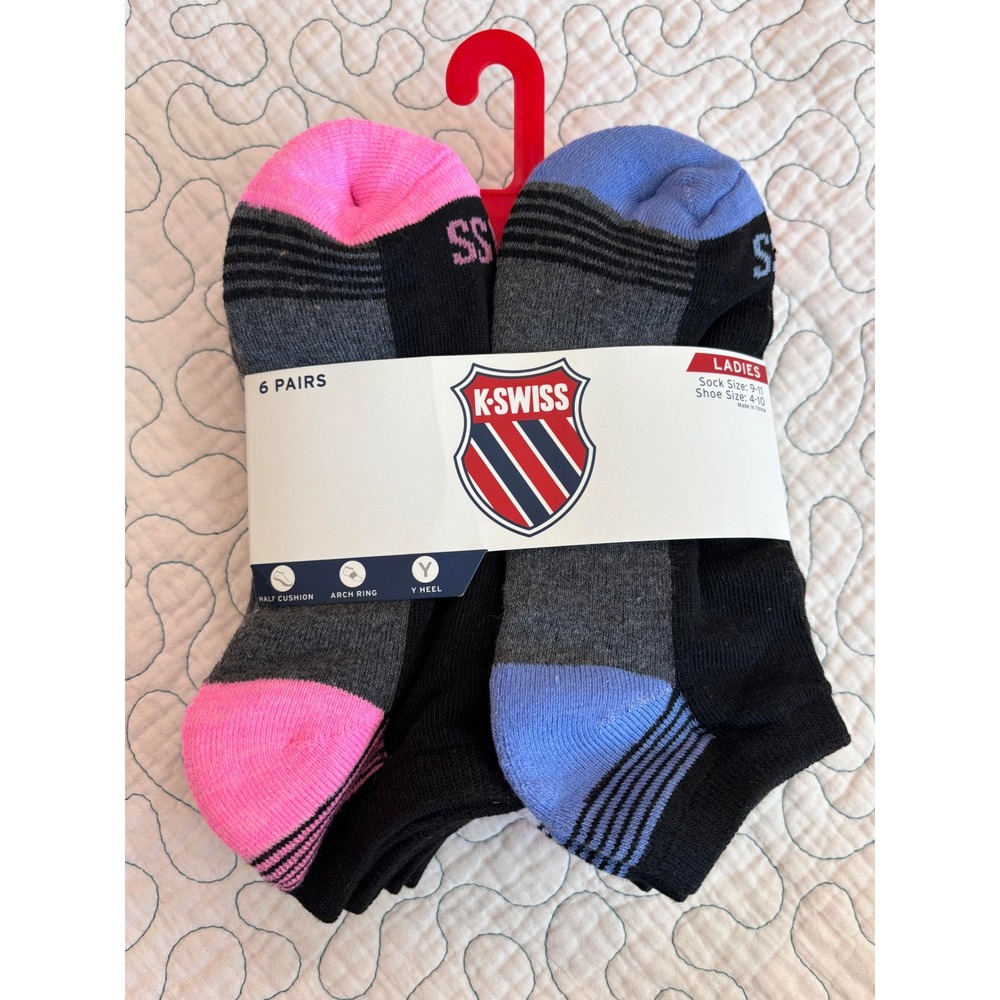 K-Swiss Ladies 6 Pair Low Cut Performance Socks Multi Color Size 9-11 Shoe 4-10